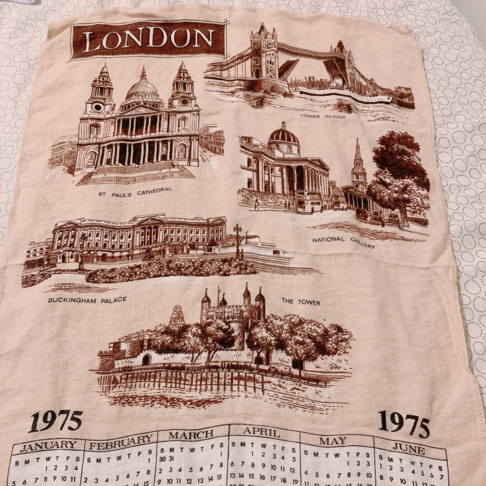 1975 Irish linen calendar towel featuring London